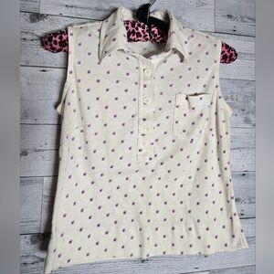 Vintage 70's White Purple Polka-dot Squares Sleeveless Collared Crop Top
